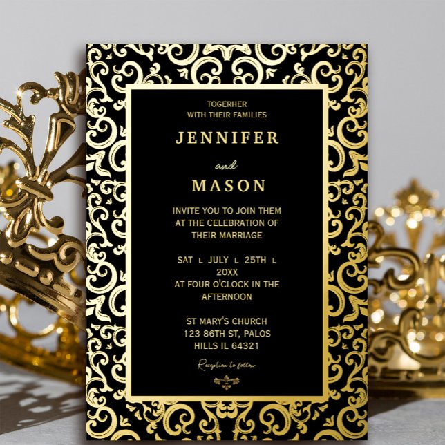 Invitación Con Relieve Metalizado Boda elegante del marco dorado (Elegant gold Frame Wedding Foil Invitation #luxurygoldfoil #decoration #elegantgoldframe #zazzlemade)