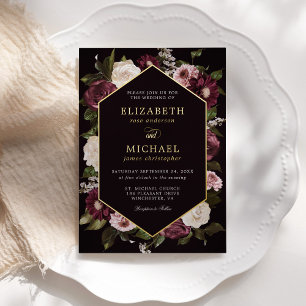 Invitación Con Relieve Metalizado Boda elegante floral borgoña oscura y sombría 