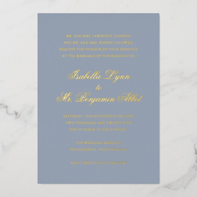 Invitación Con Relieve Metalizado Boda elegante formal tradicional azul turbio (Anverso)