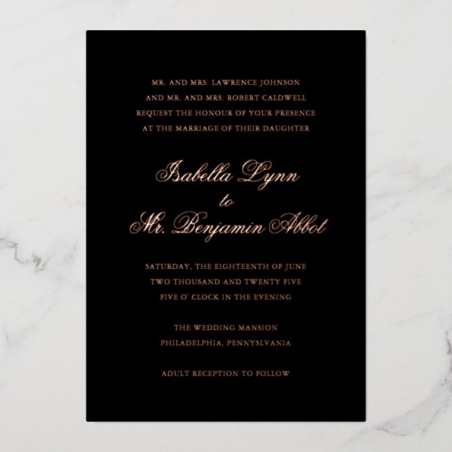 Invitación Con Relieve Metalizado Boda elegante formal tradicional negra (Anverso)