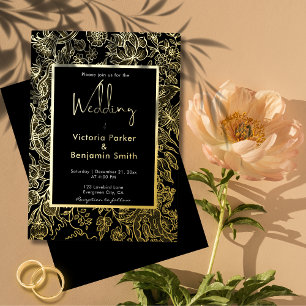 Invitación Con Relieve Metalizado Boda Elegante Marco de Dibujo de Flor Negro Oro
