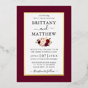 Invitación Con Relieve Metalizado Boda elegante moderna burgundy floral oro