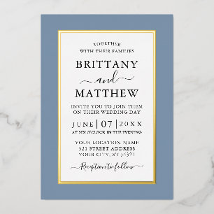 Invitación Con Relieve Metalizado Boda elegante moderna Dusty Blue Gold