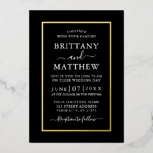 Invitación Con Relieve Metalizado Boda elegante moderna negro blanco hoja de oro