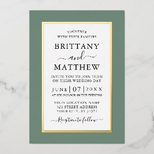 Invitación Con Relieve Metalizado Boda elegante moderna verde salvia dorado