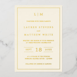 Invitación Con Relieve Metalizado Boda Elegante Monograma Amarillo Mantequilla Moder
