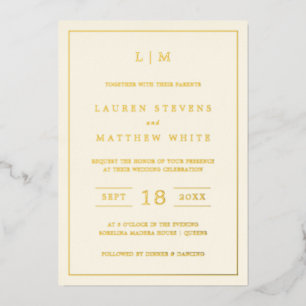 Invitación Con Relieve Metalizado Boda Elegante Monograma Amarillo Mantequilla Moder