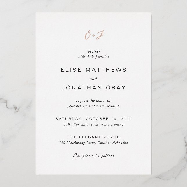 Invitación Con Relieve Metalizado Boda elegante monograma blanco y negro (Anverso)