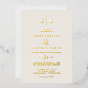 Invitación Con Relieve Metalizado Boda Elegante Monograma Marfil con Hoja de Oro 