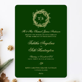 Invitación Con Relieve Metalizado Boda Elegante Monograma Verde y Dorado