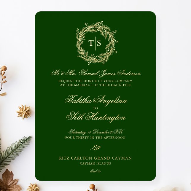 Invitación Con Relieve Metalizado Boda Elegante Monograma Verde y Dorado (Subido por el creador)