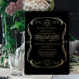 Invitación Con Relieve Metalizado Boda Elegante Negro y Dorado con Hojas de Rollo Vi