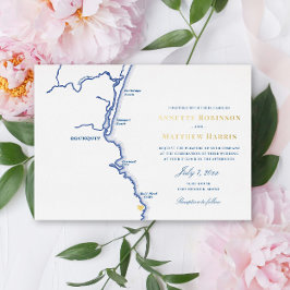 Invitación Con Relieve Metalizado Boda elegante Ogunquit Maine Navy Gold