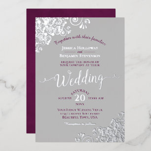 Invitación Con Relieve Metalizado Boda Elegante Plata Encaje Cassis Púrpura sobre Gr