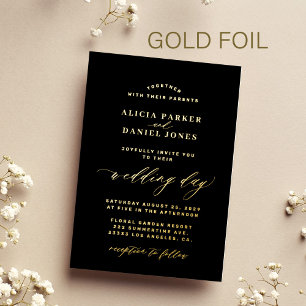 Invitación Con Relieve Metalizado Boda elegante simple minimalista negro y dorado