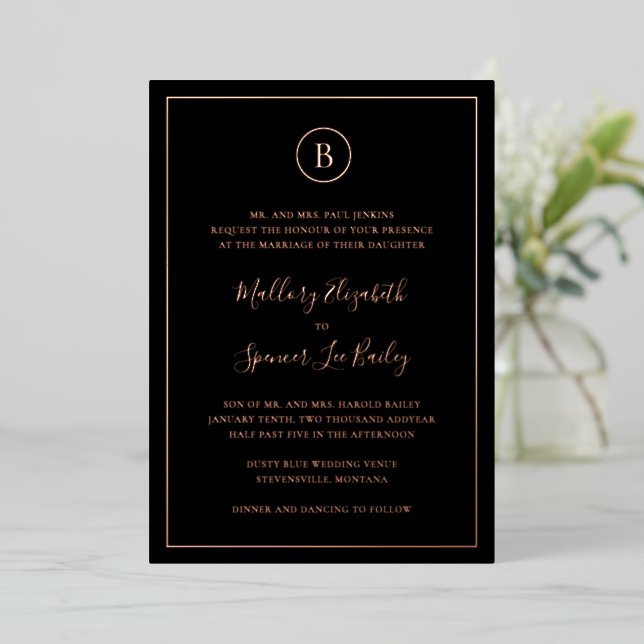 Invitación Con Relieve Metalizado Boda elegante tradicional negra (Anverso de pie)