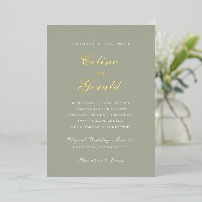 Invitación Con Relieve Metalizado Boda elegante verde silenciada clásica (Anverso de pie)