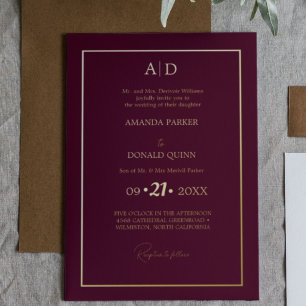 Invitación Con Relieve Metalizado Boda Elegante Y Romántico Del Monograma De Borgoña