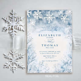Invitación Con Relieve Metalizado Boda elegante y rústica de bosque con nieve que ca