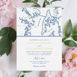 Invitación Con Relieve Metalizado Boda en Annapolis Maryland Elegante Azul Marino y 
