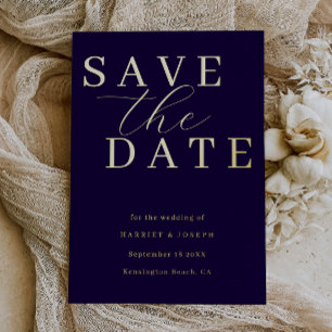 Invitación Con Relieve Metalizado Boda en Azul Marino y Hoja de Oro Save The Date
