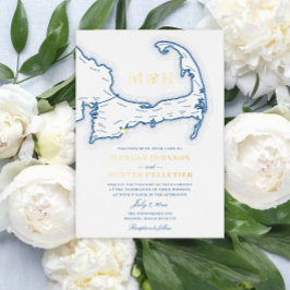 Invitación Con Relieve Metalizado Boda en Cape Cod Elegante Azul Marino y Dorado