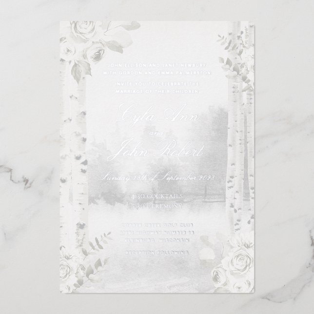 Invitación Con Relieve Metalizado Boda en el Bosque de Abedules (Anverso)