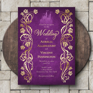 Invitación Con Relieve Metalizado Boda en el Castillo de la Rosa Encantada