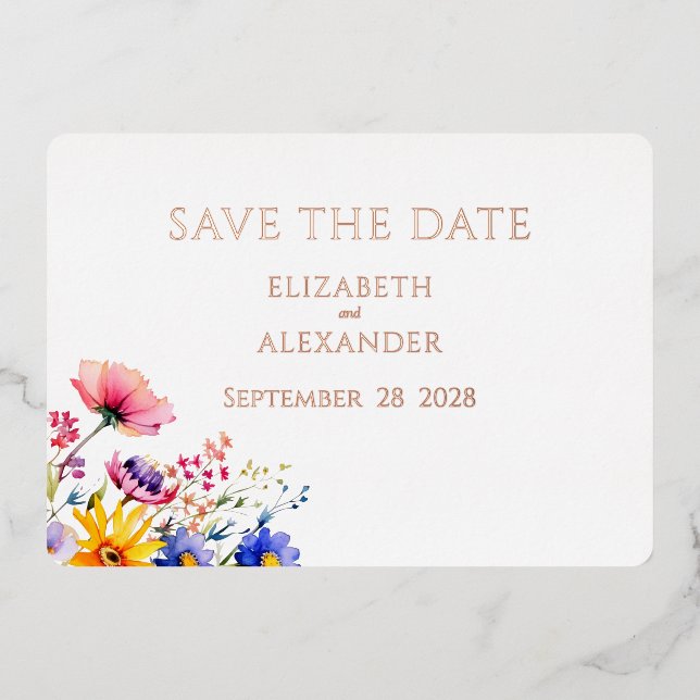 Invitación Con Relieve Metalizado Boda en Jardín de Flores Silvestres - Guardar la F (Anverso)