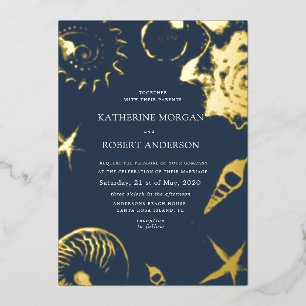 Invitación Con Relieve Metalizado Boda en la playa azul dorado Boda