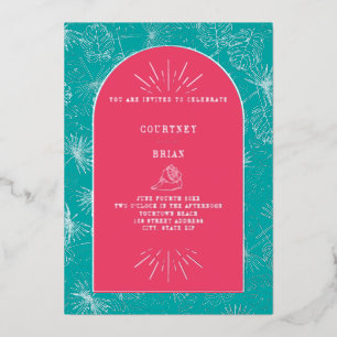 Invitación Con Relieve Metalizado Boda en la playa con hojas de palma rosadas y azul