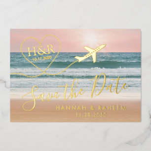 Invitación Con Relieve Metalizado Boda en la playa Puesta de sol Corazón Avión Guard