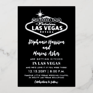 Invitación Con Relieve Metalizado Boda en Las Vegas  Info en hoja negra plateada