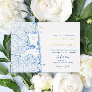 Invitación Con Relieve Metalizado Boda en Rehoboth Beach Delaware Azul Marino y Dora