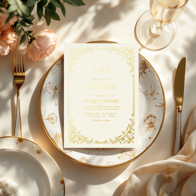 Invitación Con Relieve Metalizado Boda estético de marfil y oro con dinero viejo (Ivory and Gold Old Money Aesthetic Wedding Foil Invitation)
