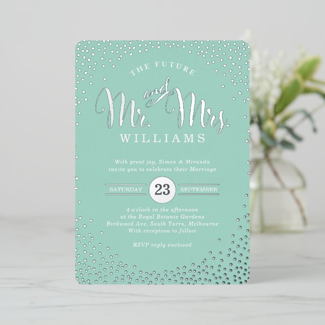 Invitación Con Relieve Metalizado BODA ESTILO MODERNO mini menta de confeti de plata (Anverso de pie)