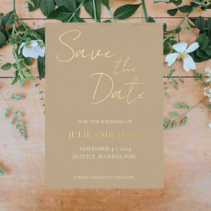 Invitación Con Relieve Metalizado Boda estilo simple caqui Guardar la fecha