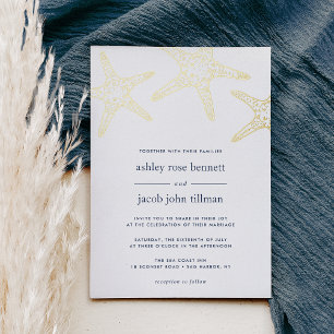 Invitación Con Relieve Metalizado Boda Estrella de Mar Dorada