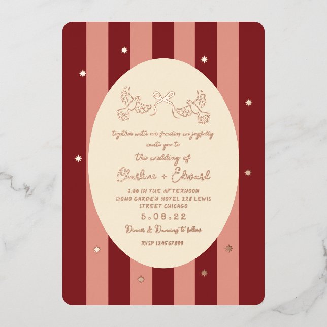 Invitación Con Relieve Metalizado Boda Estrella de Oro Rojo-Rosa (Anverso)
