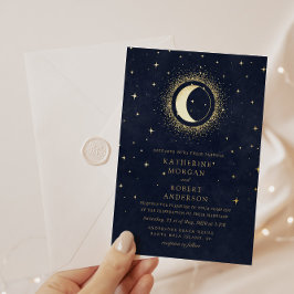 Invitación Con Relieve Metalizado Boda Estrellas Luna Azul Celestial Medianoche