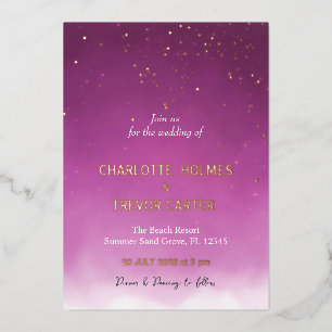 Invitación Con Relieve Metalizado Boda Estrellas Modernas Acuarela Fucsia Dorado