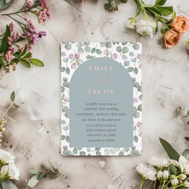 Invitación Con Relieve Metalizado Boda Eucalyptus Dusty Blue & Rosa Gold (Subido por el creador)
