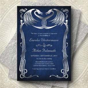 Invitación Con Relieve Metalizado Boda Fantasía Dragón Azul