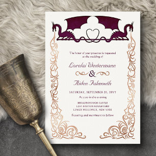 Invitación Con Relieve Metalizado Boda Fantasía Dragón Borgoña