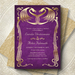 Invitación Con Relieve Metalizado Boda Fantasía Dragón Borgoña