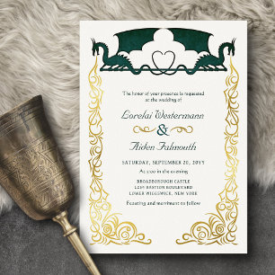 Invitación Con Relieve Metalizado Boda Fantasía Dragón Verde