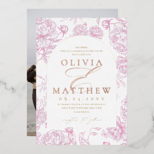 Invitación Con Relieve Metalizado Boda Flora Toile Francesa de Oro Rosa