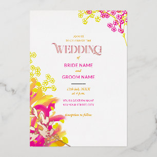 Invitación Con Relieve Metalizado Boda floral abstracta rosa y naranja
