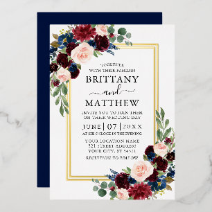 Invitación Con Relieve Metalizado Boda Floral Acuarela Azul 2 Marco Dorado