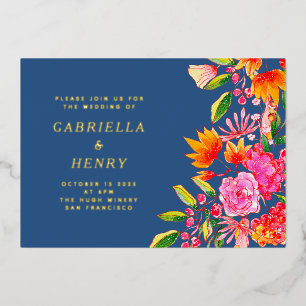 Invitación Con Relieve Metalizado Boda Floral Acuarela Azul Rosa Naranja Dorado